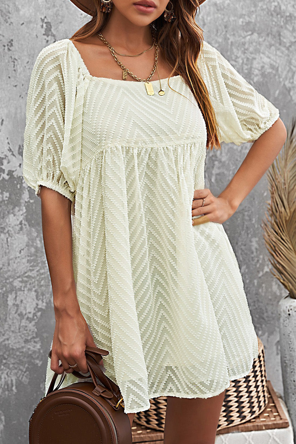 Apricot Square Neck Puff Sleeve Babydoll Mini Dress Apricot S 100%Polyester Dresses/Mini Dresses by Fleurcouture | Fleurcouture