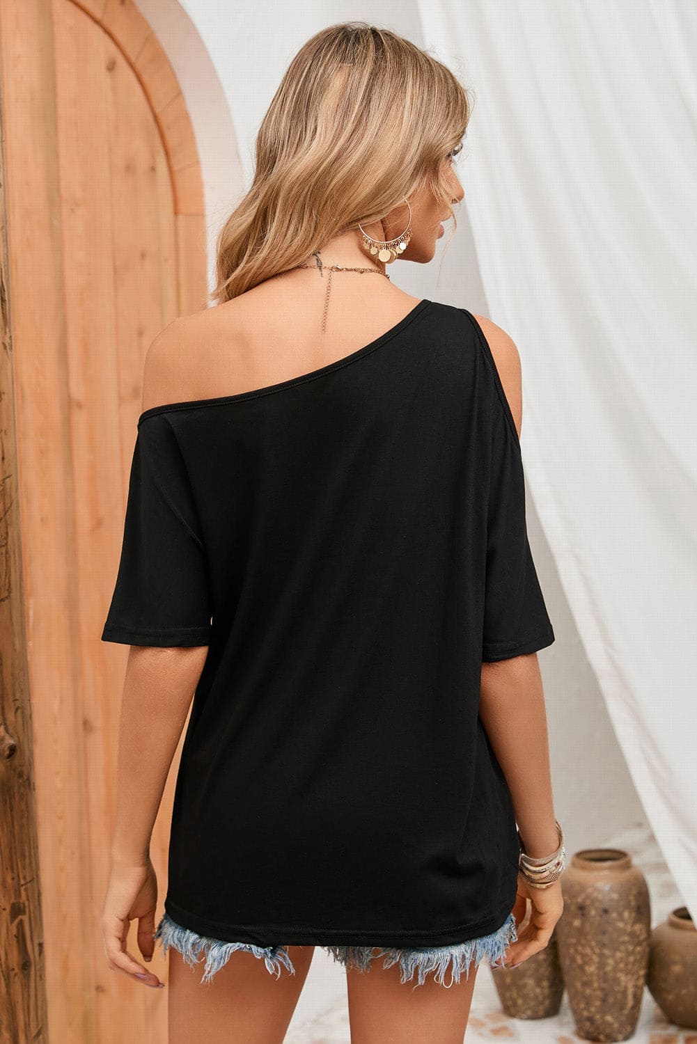 Asymmetrical Neck Cold-Shoulder Half Sleeve Blouse Black Blouses by Trendsi | Fleurcouture