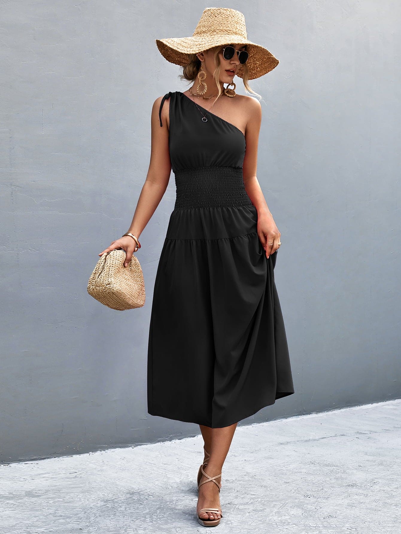 Asymmetrical One Shoulder Smocked Waist Midi Dress Black S Dresses by Trendsi | Fleurcouture