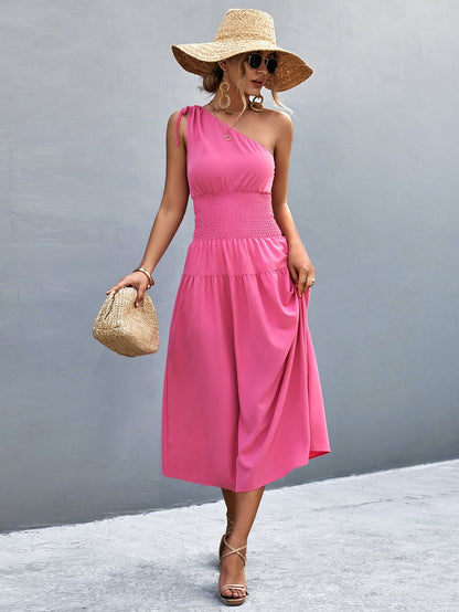 Asymmetrical One Shoulder Smocked Waist Midi Dress Hot Pink S Dresses by Trendsi | Fleurcouture