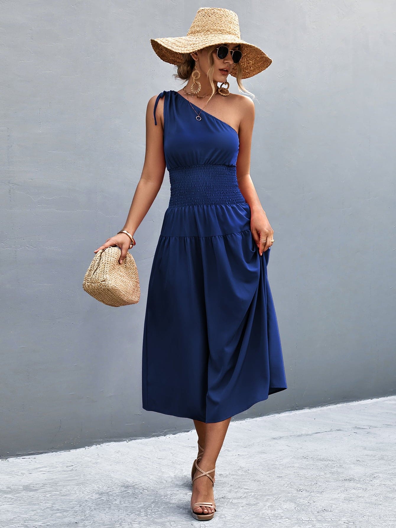 Asymmetrical One Shoulder Smocked Waist Midi Dress Navy S Dresses by Trendsi | Fleurcouture