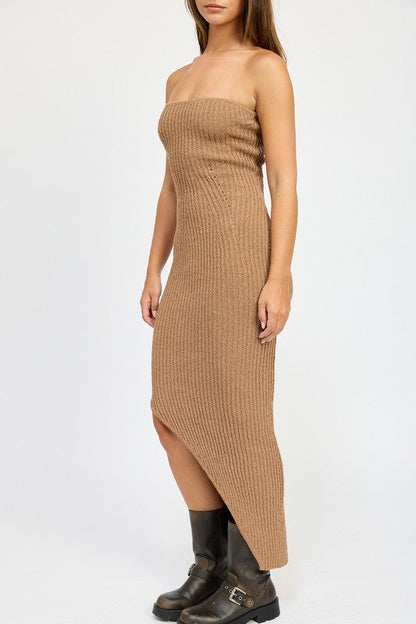 ASYMMETRICAL RIBBED MAXI TUBE DRESS by Emory Park | Fleurcouture