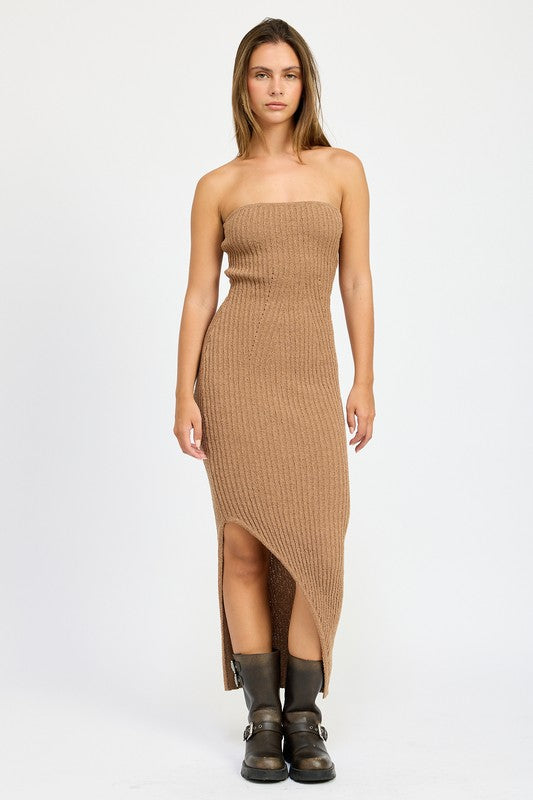 ASYMMETRICAL RIBBED MAXI TUBE DRESS MOCHA S by Emory Park | Fleurcouture