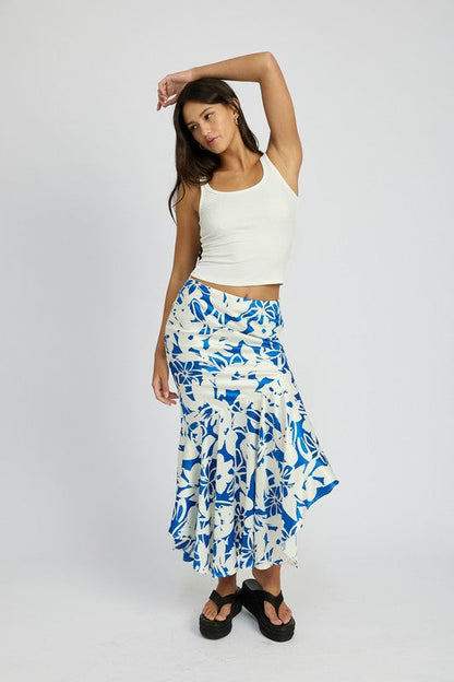 ASYMMETRICAL RUFFLE HEM SKIRT BLUE WHITE by Emory Park | Fleurcouture