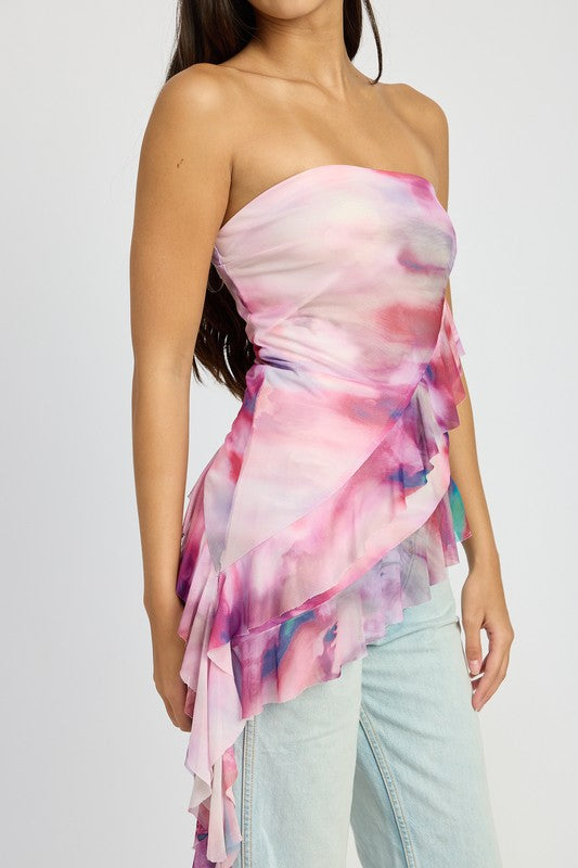 ASYMMETRICAL RUFFLE HEM TUBE TOP MAUVE MULTI by Emory Park | Fleurcouture