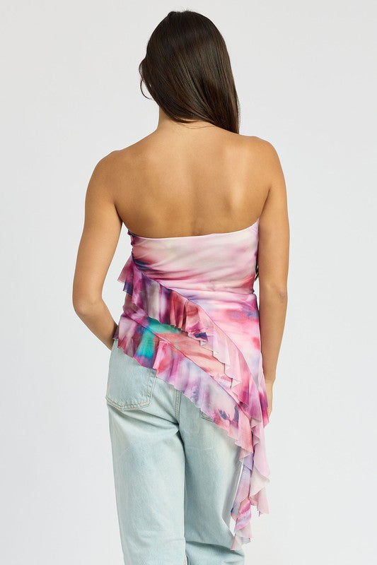 ASYMMETRICAL RUFFLE HEM TUBE TOP MAUVE MULTI by Emory Park | Fleurcouture