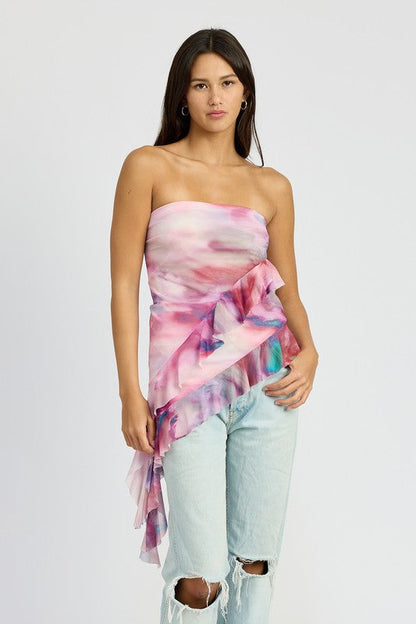 ASYMMETRICAL RUFFLE HEM TUBE TOP MAUVE MULTI S by Emory Park | Fleurcouture