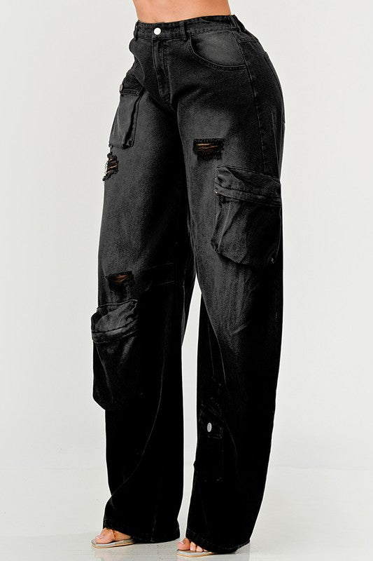 Athina Black washed out cargo pants BLACK by Athina | Fleurcouture