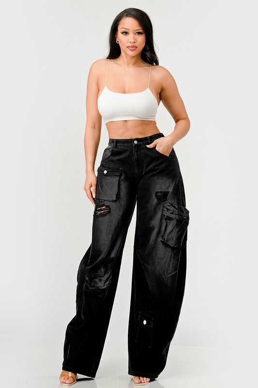 Athina Black washed out cargo pants BLACK by Athina | Fleurcouture