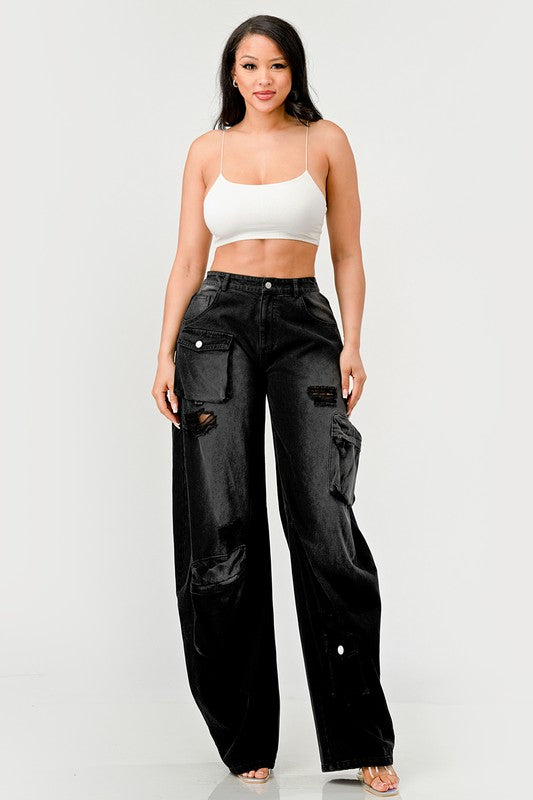 Athina Black washed out cargo pants BLACK by Athina | Fleurcouture