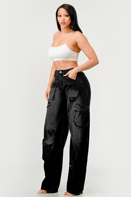 Athina Black washed out cargo pants BLACK by Athina | Fleurcouture