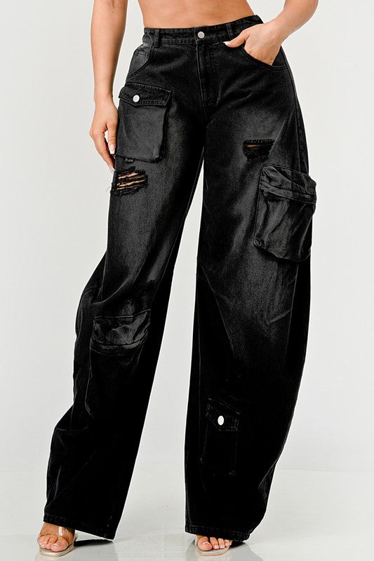 Athina Black washed out cargo pants BLACK S by Athina | Fleurcouture