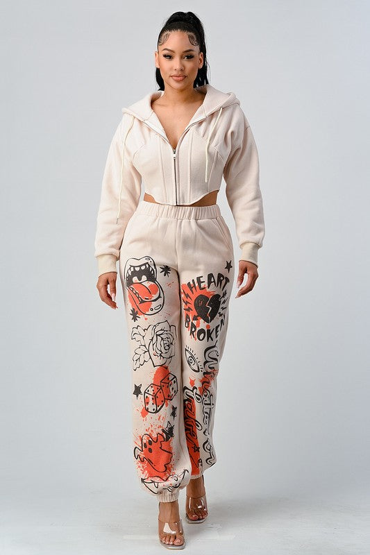 ATHINA CASUAL JACKET AND GRAPHIC PANTS SET IVORY by Athina | Fleurcouture