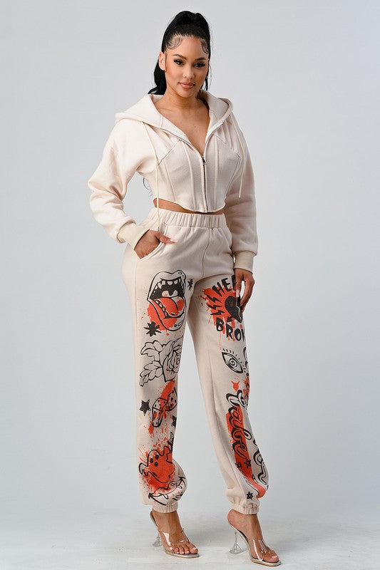 ATHINA CASUAL JACKET AND GRAPHIC PANTS SET IVORY by Athina | Fleurcouture