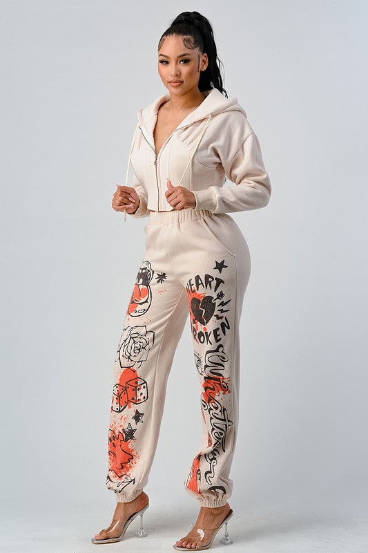 ATHINA CASUAL JACKET AND GRAPHIC PANTS SET IVORY by Athina | Fleurcouture