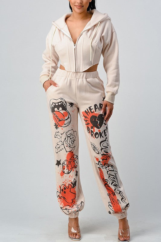 ATHINA CASUAL JACKET AND GRAPHIC PANTS SET IVORY S by Athina | Fleurcouture