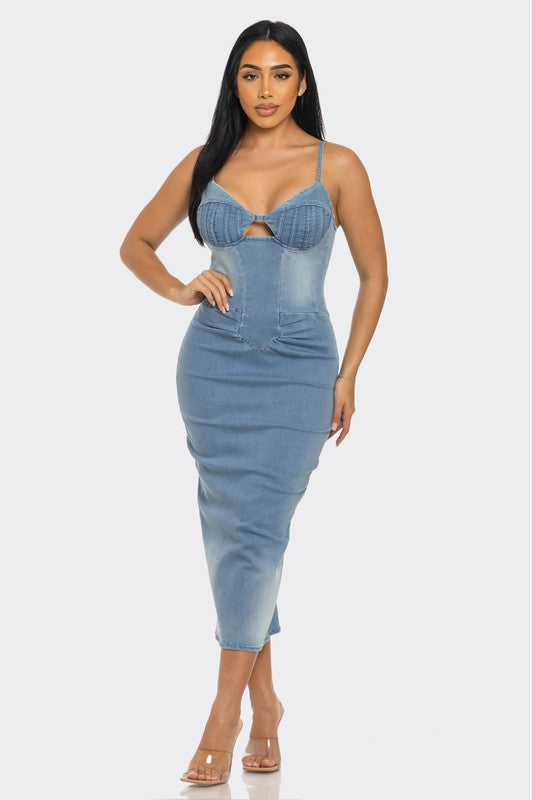 ATHINA CASUAL LIGHT WASHED DENIM MIDI DRESS DENIM by Athina | Fleurcouture