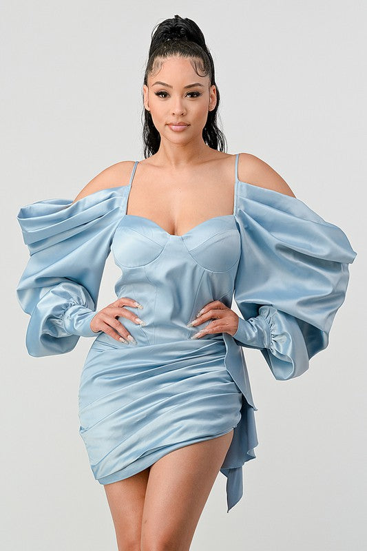 Athina Elegant Puff Shoulder Satin Mini Dress BLUE by Athina | Fleurcouture