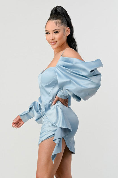 Athina Elegant Puff Shoulder Satin Mini Dress BLUE by Athina | Fleurcouture