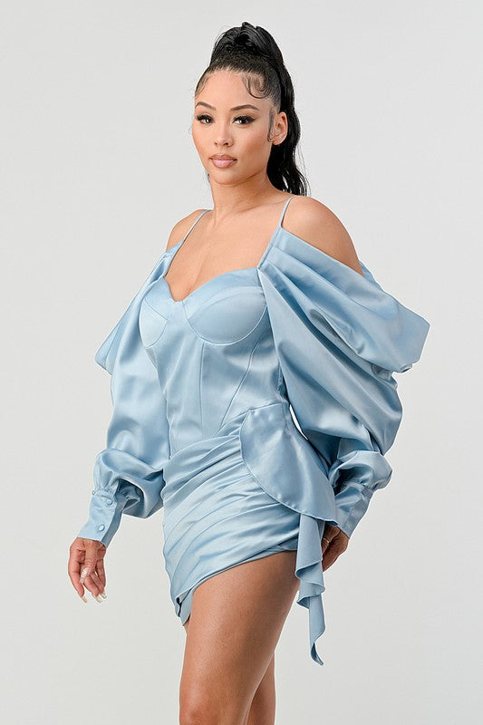 Athina Elegant Puff Shoulder Satin Mini Dress BLUE by Athina | Fleurcouture