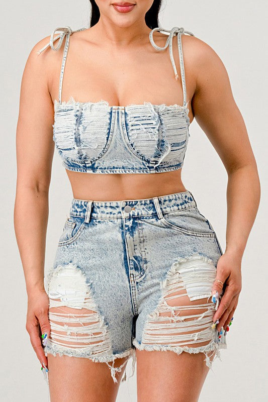 ATHINA No strings attached distressed denim set DENIM S by Athina | Fleurcouture