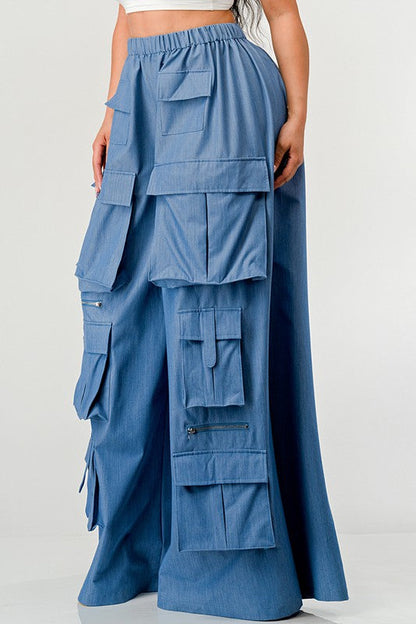 ATHINA WIDE MULTI POCKET CARGO PANTS BLUE by Athina | Fleurcouture