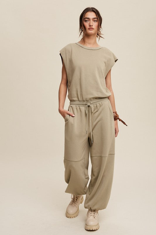 Athleisure French Terry Loose Jogger Jumpsuit Artichoke S by Listicle | Fleurcouture