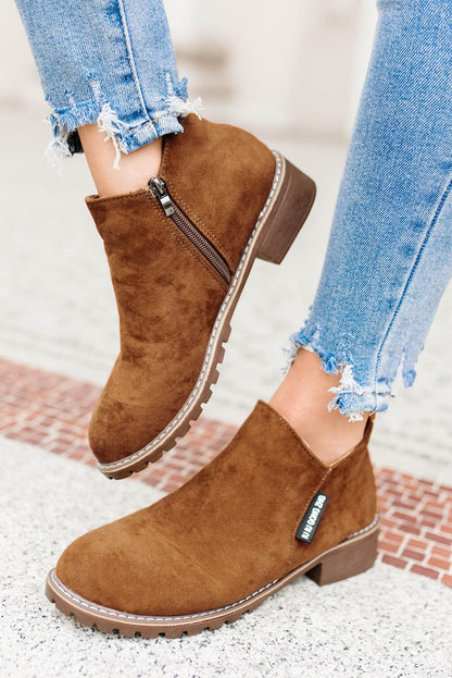 Brown Faux Suede Side Zip Ankle Boots