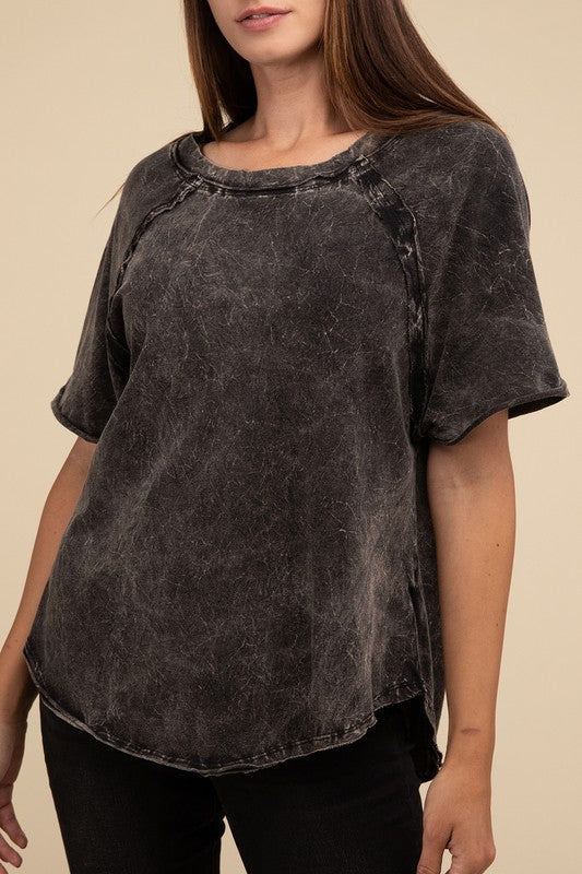 Back Patch Crinkle Washed Raglan Sleeve T-Shirt ASH BLACK S by ZENANA | Fleurcouture