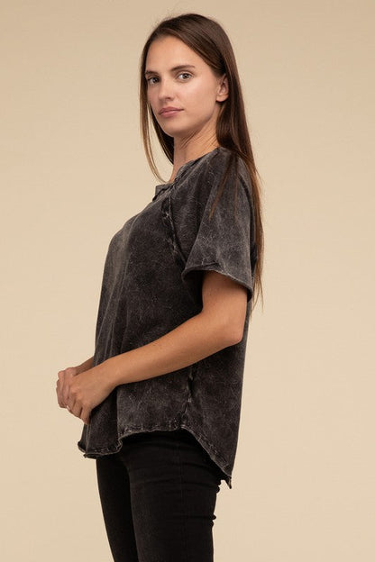 Back Patch Crinkle Washed Raglan Sleeve T-Shirt by ZENANA | Fleurcouture