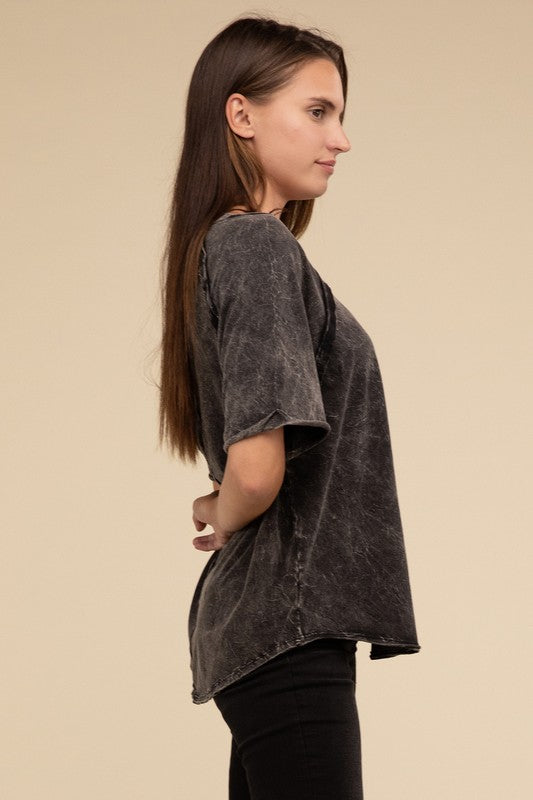 Back Patch Crinkle Washed Raglan Sleeve T-Shirt by ZENANA | Fleurcouture