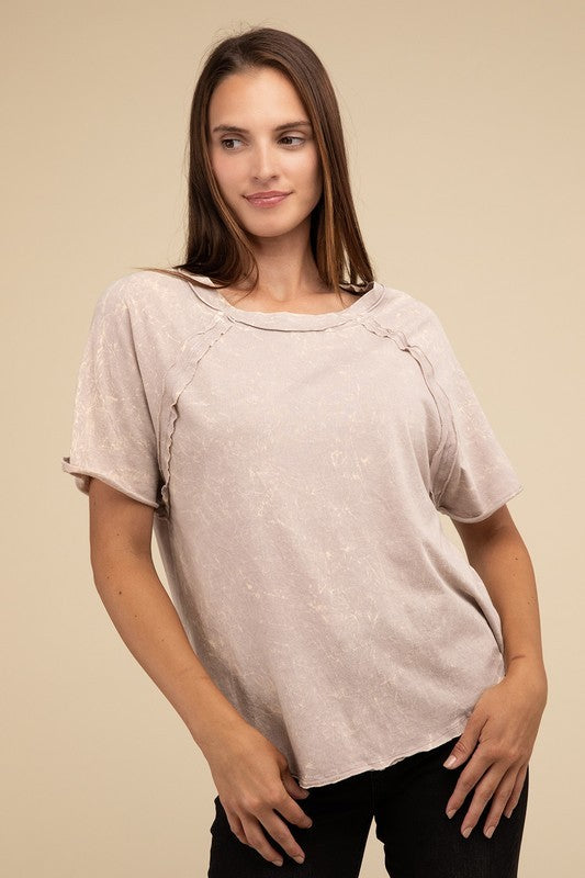 Back Patch Crinkle Washed Raglan Sleeve T-Shirt by ZENANA | Fleurcouture