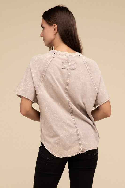 Back Patch Crinkle Washed Raglan Sleeve T-Shirt by ZENANA | Fleurcouture