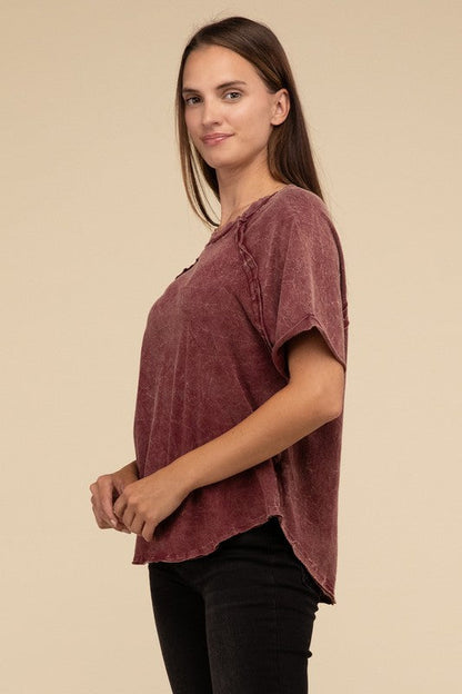 Back Patch Crinkle Washed Raglan Sleeve T-Shirt by ZENANA | Fleurcouture