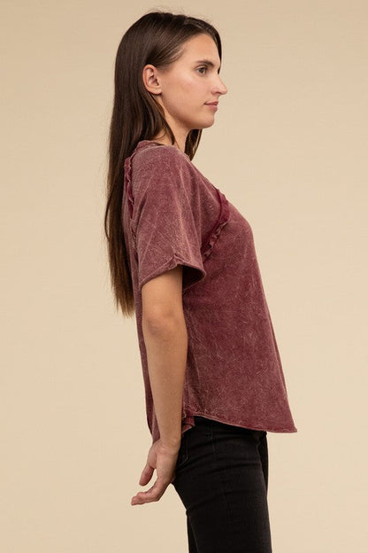 Back Patch Crinkle Washed Raglan Sleeve T-Shirt by ZENANA | Fleurcouture