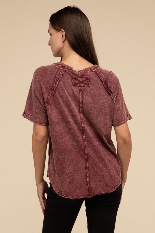 Back Patch Crinkle Washed Raglan Sleeve T-Shirt by ZENANA | Fleurcouture