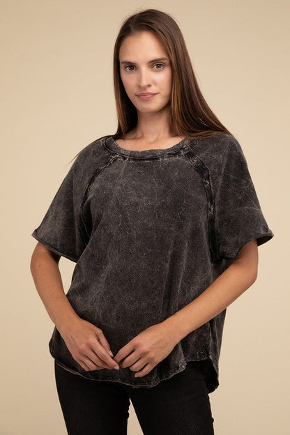 Back Patch Crinkle Washed Raglan Sleeve T-Shirt by ZENANA | Fleurcouture