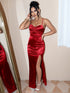 Backless Crisscross Ruched Split Satin Dress Red S Women&