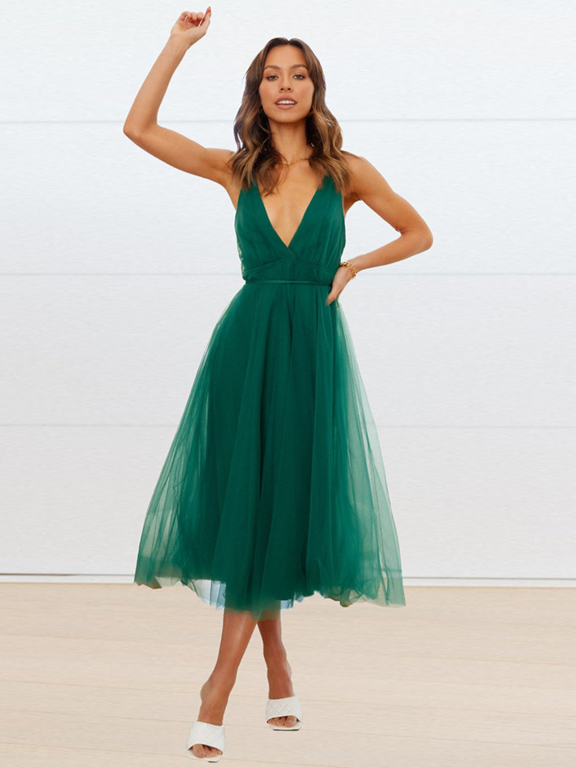 Backless Crisscross Sleeveless Midi Dress Dark Green S Women&