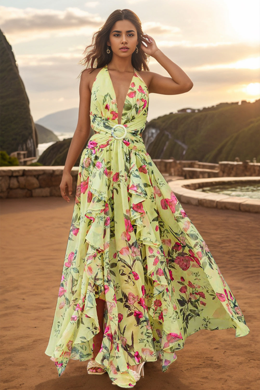 Backless Printed Plunge Sleeveless Dress Floral S Dresses by Trendsi | Fleurcouture