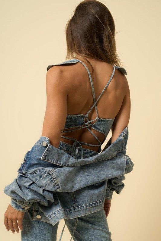 Backless Puffle Jumpsuit MEDIUM by Denim Lab USA | Fleurcouture