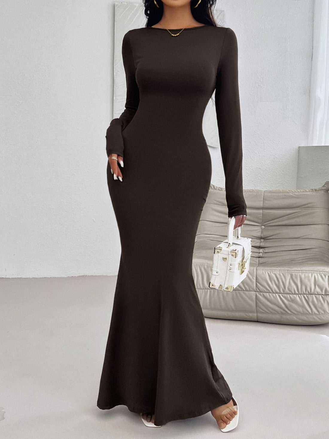 Backless Round Neck Long Sleeve Maxi Dress Chocolate S Women&