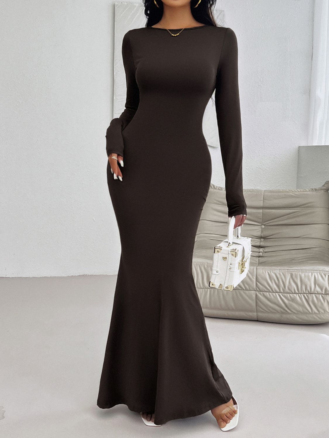 Backless Round Neck Long Sleeve Maxi Dress Chocolate S Women&