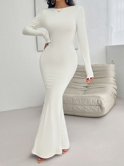 Backless Round Neck Long Sleeve Maxi Dress Ivory S Women&