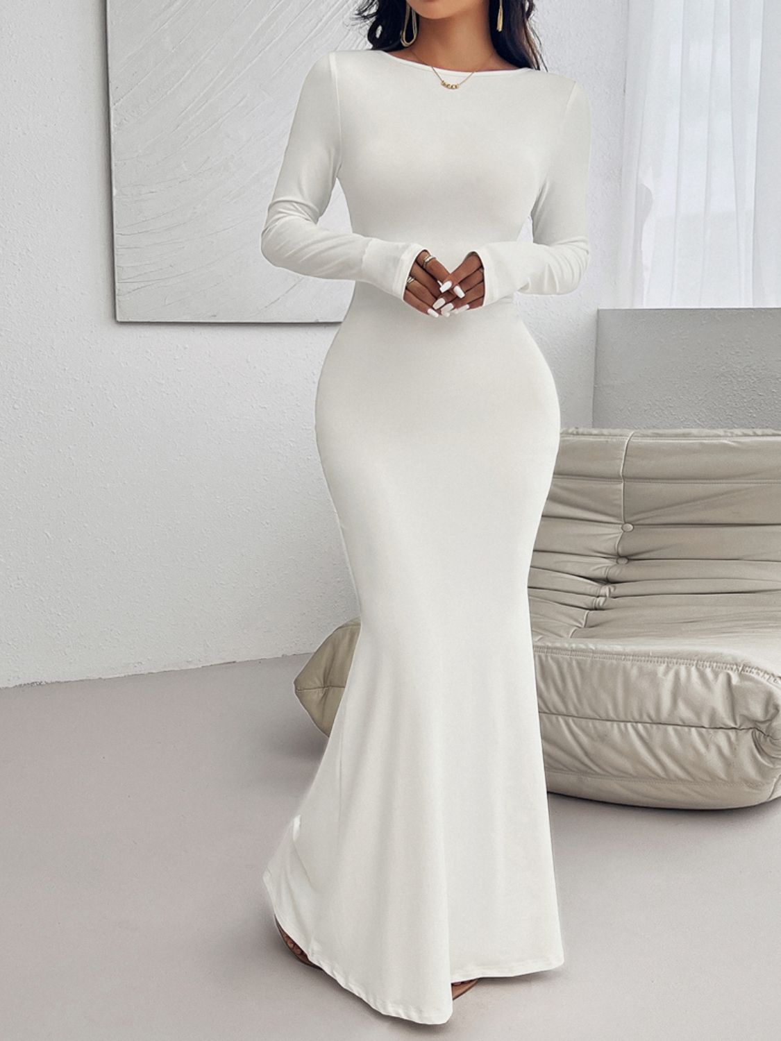 Backless Round Neck Long Sleeve Maxi Dress Women&