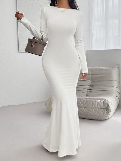 Backless Round Neck Long Sleeve Maxi Dress Women&