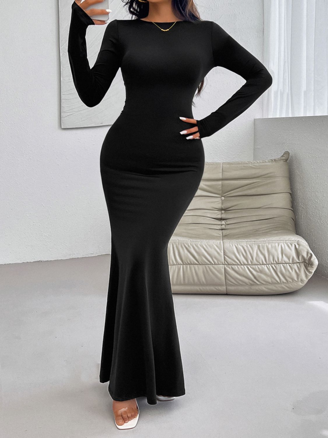 Backless Round Neck Long Sleeve Maxi Dress Women&