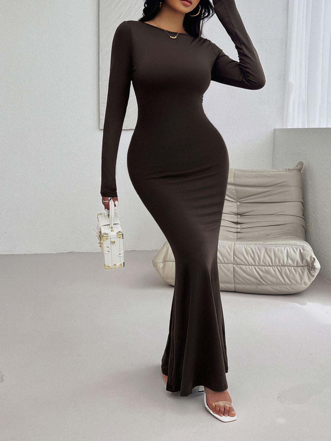 Backless Round Neck Long Sleeve Maxi Dress Women&