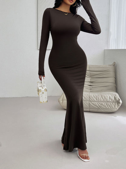 Backless Round Neck Long Sleeve Maxi Dress Women&