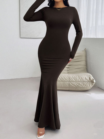 Backless Round Neck Long Sleeve Maxi Dress Women&